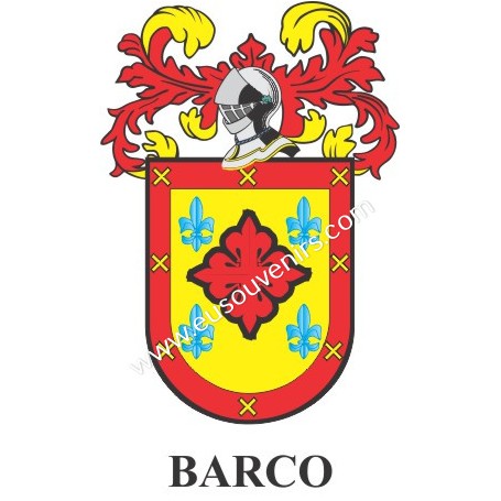 Heraldic keychain - BARCO - Personalized with surname, family crest and brief description of the genealogical origin.