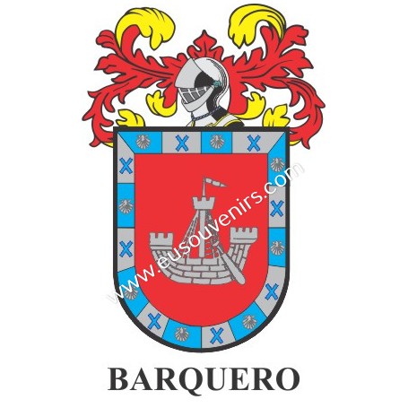 Llavero heráldico - BARQUERO - Personalizado con apellido, escudo de la familia y breve descripción del origen genealógico.