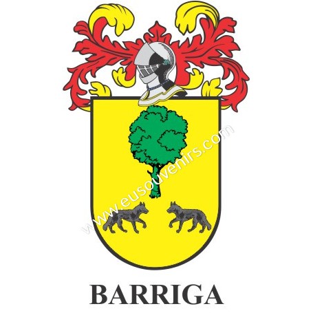 Llavero heráldico - BARRIGA - Personalizado con apellido, escudo de la familia y breve descripción del origen genealógico.