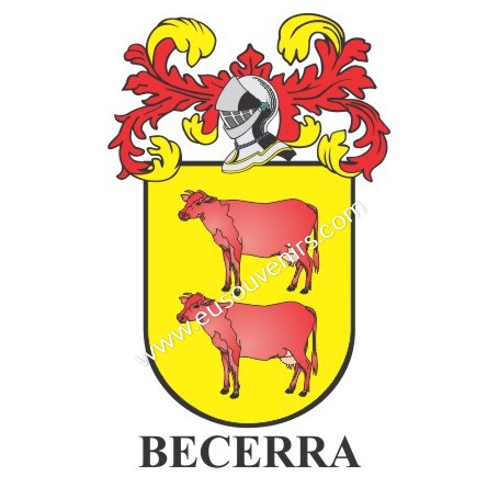 Llavero heráldico - BECERRA - Personalizado con apellido, escudo de la familia y breve descripción del origen genealógico.