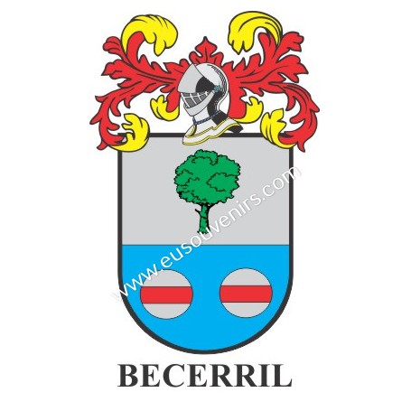 Heraldic keychain - BECERRIL - Personalized with surname, family crest and brief description of the genealogical origin.