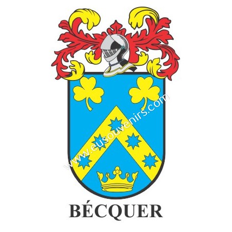 Llavero heráldico - BECQUER - Personalizado con apellido, escudo de la familia y breve descripción del origen genealógico.