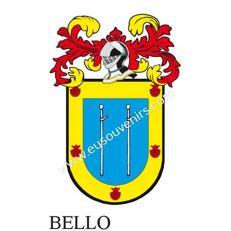 Heraldic keychain - BELLO - Personalized with surname, family crest and brief description of the genealogical origin.
