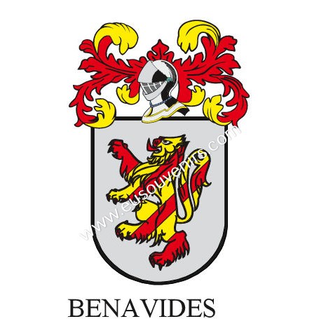 Heraldic keychain - BENAVIDES - Personalized with surname, family crest and brief description of the genealogical origin.