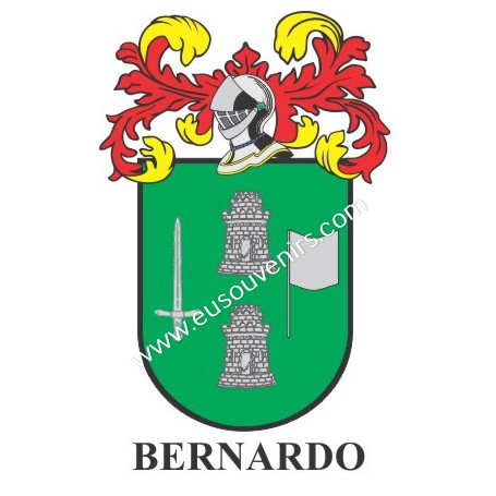 Heraldic keychain - BERNARDO - Personalized with surname, family crest and brief description of the genealogical origin.