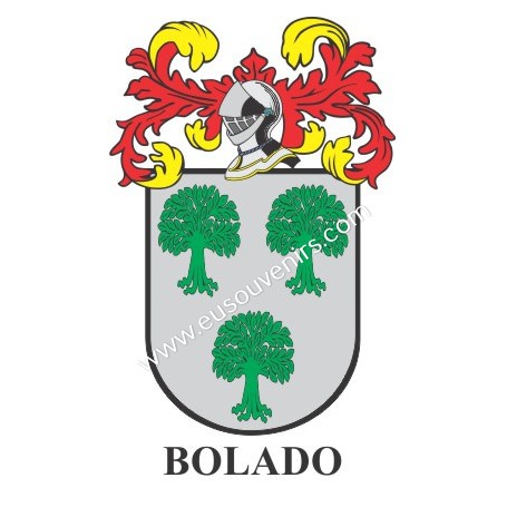 Heraldic keychain - BOLADO - Personalized with surname, family crest and brief description of the genealogical origin.