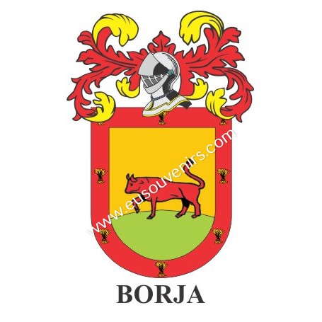Porte-clés héraldique - BORJA - Personnalisé avec le nom, l'écusson de la famille et une brève description de l'origine généalog