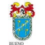 Heraldic keychain - BUENO - Personalized with surname, family crest and brief description of the genealogical origin.