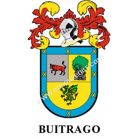 Heraldic keychain - BUITRAGO - Personalized with surname, family crest and brief description of the genealogical origin.