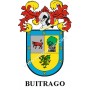 Heraldic keychain - BUITRAGO - Personalized with surname, family crest and brief description of the genealogical origin.