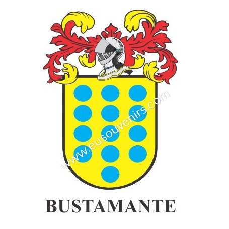 Porte-clés héraldique - BUSTAMANTE - Personnalisé avec le nom, l'écusson de la famille et une brève description de l'origine gén