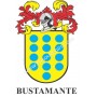 Heraldic keychain - BUSTAMANTE - Personalized with surname, family crest and brief description of the genealogical origin.