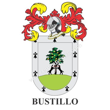 Heraldic keychain - BUSTILLO - Personalized with surname, family crest and brief description of the genealogical origin.