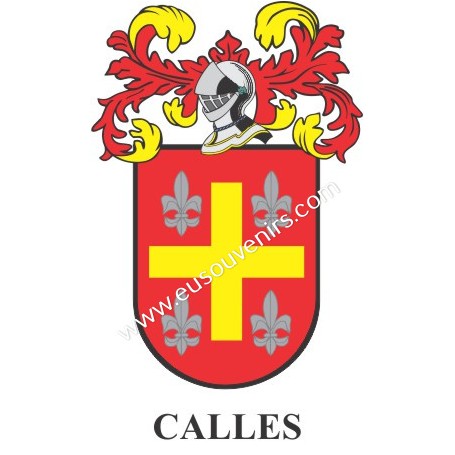 Llavero heráldico - CALLES - Personalizado con apellido, escudo de la familia y breve descripción del origen genealógico.