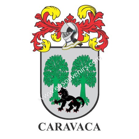 Porte-clés héraldique - CARAVACA - Personnalisé avec le nom, l'écusson de la famille et une brève description de l'origine généa