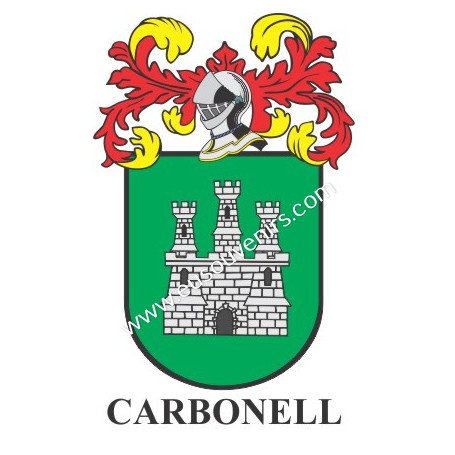 Heraldic keychain - CARBONELL - Personalized with surname, family crest and brief description of the genealogical origin.