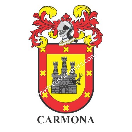 Llavero heráldico - CARMONA - Personalizado con apellido, escudo de la familia y breve descripción del origen genealógico.