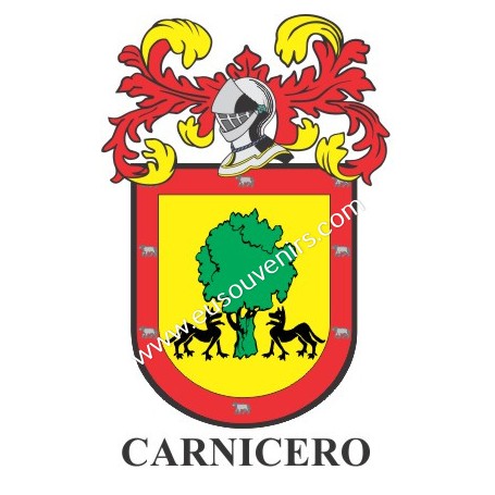 Porte-clés héraldique - CARNICERO - Personnalisé avec le nom, l'écusson de la famille et une brève description de l'origine géné