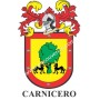 Heraldic keychain - CARNICERO - Personalized with surname, family crest and brief description of the genealogical origin.