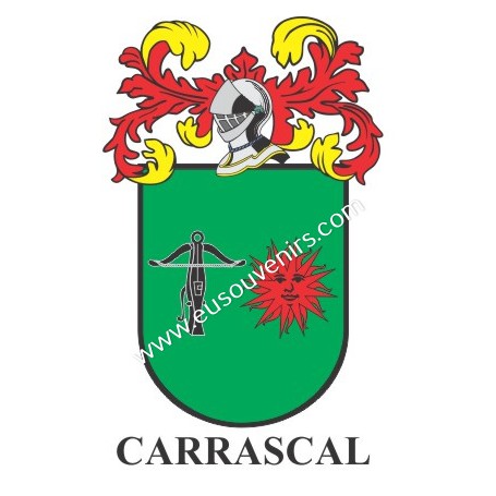 Heraldic keychain - CARRASCAL - Personalized with surname, family crest and brief description of the genealogical origin.