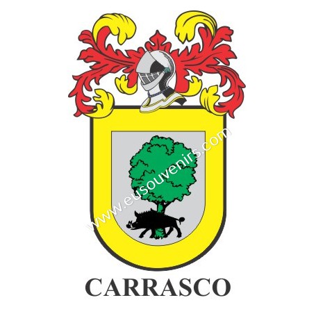 Heraldic keychain - CARRASCO - Personalized with surname, family crest and brief description of the genealogical origin.