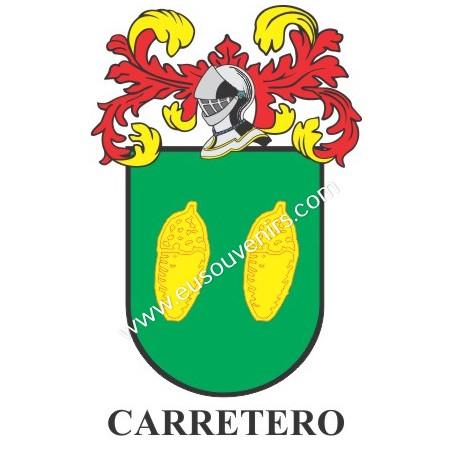 Heraldic keychain - CARRETERO - Personalized with surname, family crest and brief description of the genealogical origin.