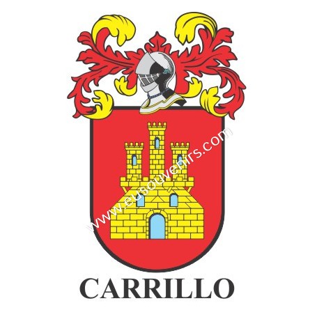 Heraldic keychain - CARRILLO - Personalized with surname, family crest and brief description of the genealogical origin.