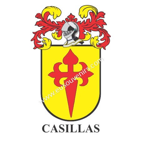 Llavero heráldico - CASILLAS - Personalizado con apellido, escudo de la familia y breve descripción del origen genealógico.