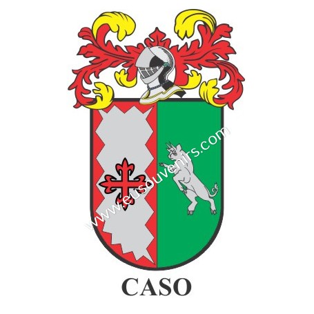 Llavero heráldico - CASO - Personalizado con apellido, escudo de la familia y breve descripción del origen genealógico.