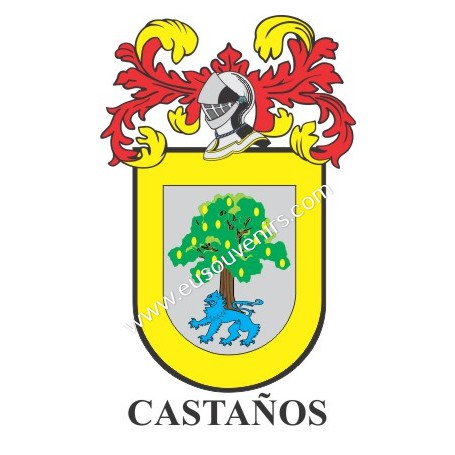 Heraldic keychain - CASTAÑOS - Personalized with surname, family crest and brief description of the genealogical origin.