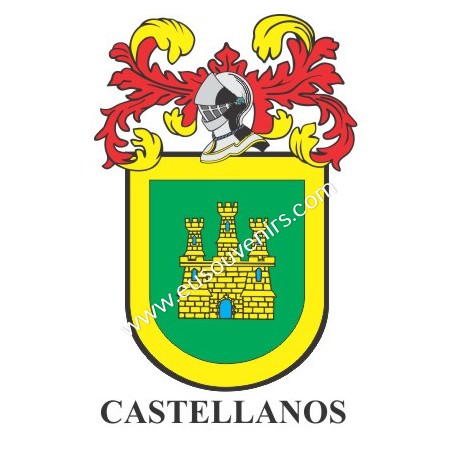 Llavero heráldico - CASTELLANOS - Personalizado con apellido, escudo de la familia y breve descripción del origen genealógico.