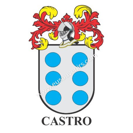 Porte-clés héraldique - CASTRO - Personnalisé avec le nom, l'écusson de la famille et une brève description de l'origine généalo