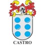 Llavero heráldico - CASTRO - Personalizado con apellido, escudo de la familia y breve descripción del origen genealógico.