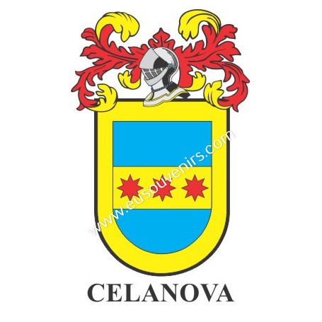 Llavero heráldico - CELANOVA - Personalizado con apellido, escudo de la familia y breve descripción del origen genealógico.