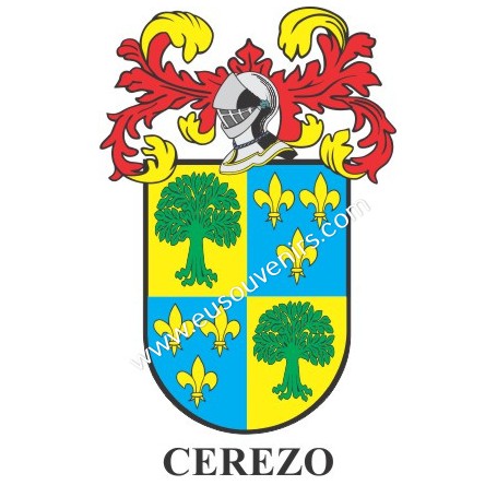 Llavero heráldico - CEREZO - Personalizado con apellido, escudo de la familia y breve descripción del origen genealógico.