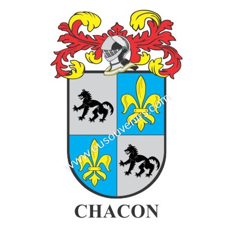 Heraldic keychain - CHACON - Personalized with surname, family crest and brief description of the genealogical origin.