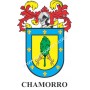 Llavero heráldico - CHAMORRO - Personalizado con apellido, escudo de la familia y breve descripción del origen genealógico.