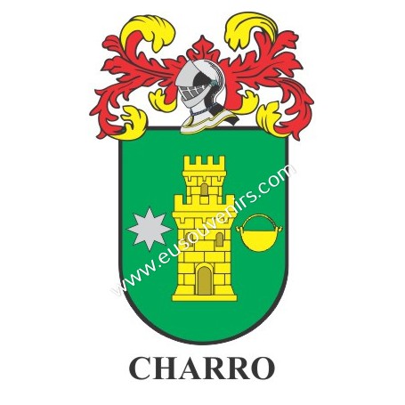 Porte-clés héraldique - CHARRO - Personnalisé avec le nom, l'écusson de la famille et une brève description de l'origine généalo