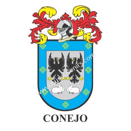 Heraldic keychain - CONEJO - Personalized with surname, family crest and brief description of the genealogical origin.