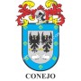 Llavero heráldico - CONEJO - Personalizado con apellido, escudo de la familia y breve descripción del origen genealógico.