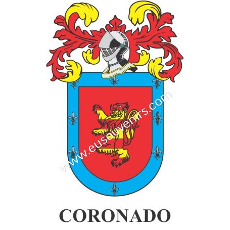 Llavero heráldico - CORONADO - Personalizado con apellido, escudo de la familia y breve descripción del origen genealógico.