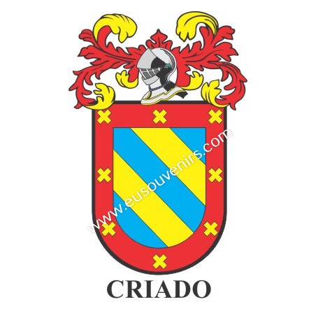 Heraldic keychain - CRIADO - Personalized with surname, family crest and brief description of the genealogical origin.