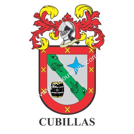 Llavero heráldico - CUBILLAS - Personalizado con apellido, escudo de la familia y breve descripción del origen genealógico.