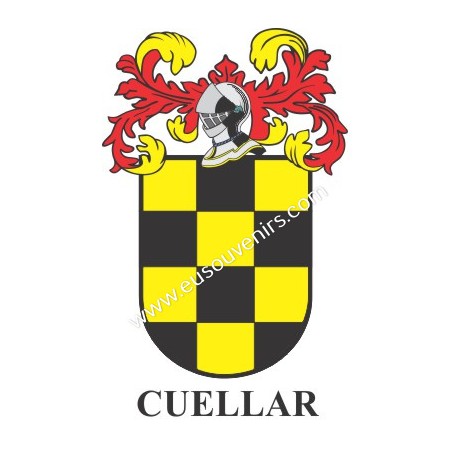 Heraldic keychain - CUELLAR - Personalized with surname, family crest and brief description of the genealogical origin.