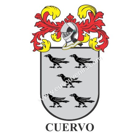 Llavero heráldico - CUERVO - Personalizado con apellido, escudo de la familia y breve descripción del origen genealógico.