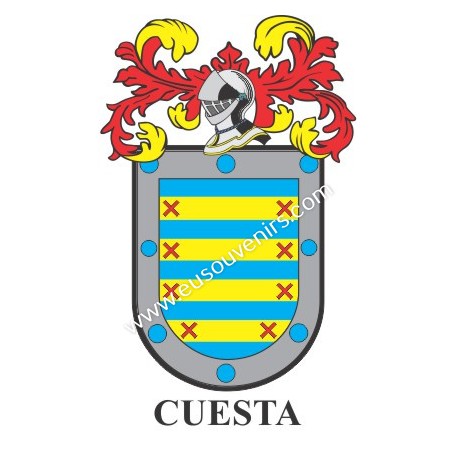 Heraldic keychain - CUESTA - Personalized with surname, family crest and brief description of the genealogical origin.