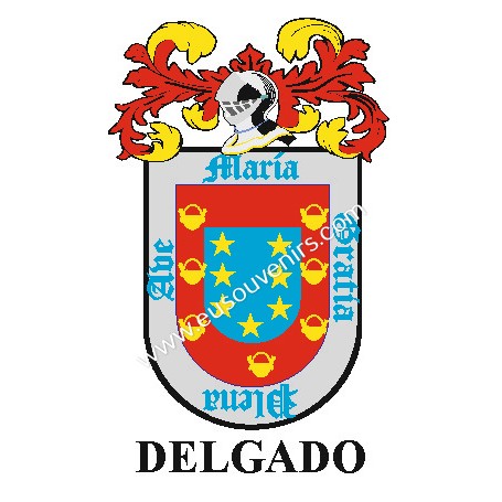 Heraldic keychain - DELGADO - Personalized with surname, family crest and brief description of the genealogical origin.