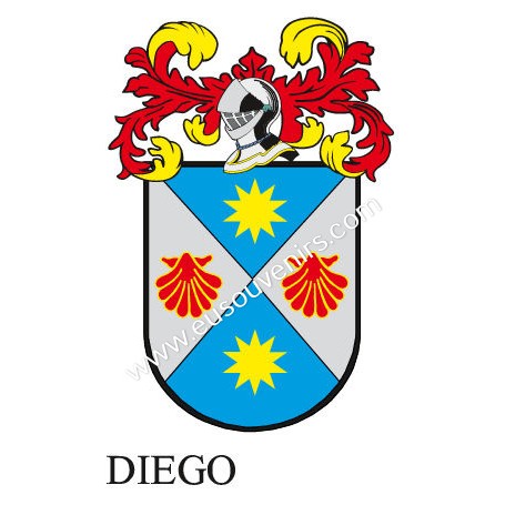 Heraldic keychain - DIEGO - Personalized with surname, family crest and brief description of the genealogical origin.