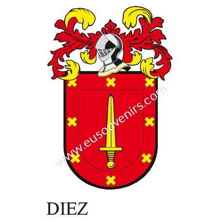 Heraldic keychain - DIEZ - Personalized with surname, family crest and brief description of the genealogical origin.