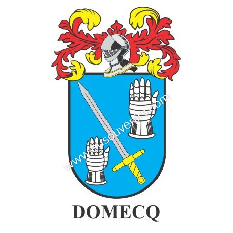Heraldic keychain - DOMECQ - Personalized with surname, family crest and brief description of the genealogical origin.